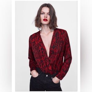 Zara red and black animal print bodysuit Size M